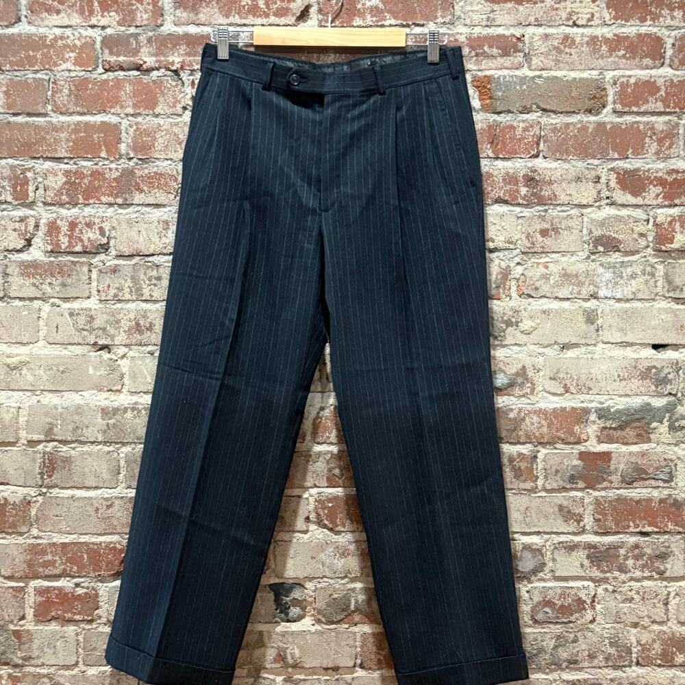 Vintage Burberry High Rise Wool Pinstripe Cuffed Trousers - Size 12 - Picture 2 of 7